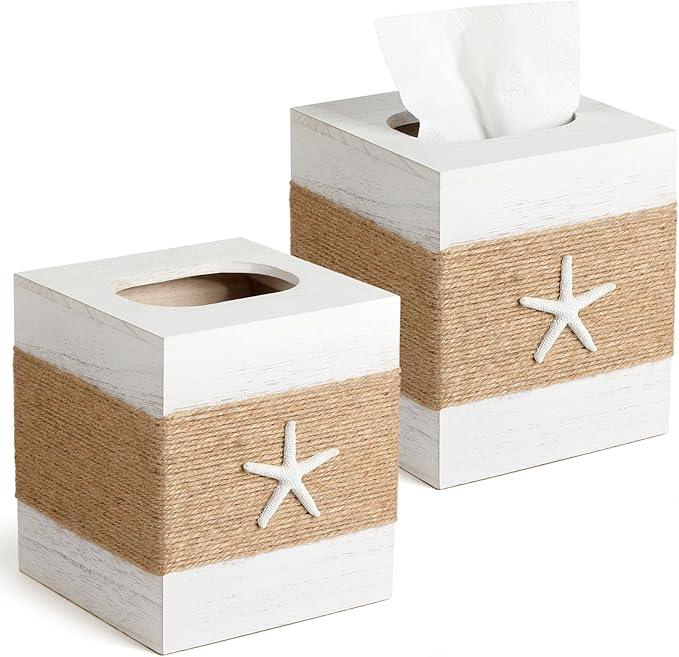 2 Pack Beach Rustic White Wood Square Tissue Box Cover with Slide-Out Bottom Panel - Beach Bathroom Decor Tissue Box Holder with Starfish for Living Room, Desk, Bedroom, Bathroom - ModernBath