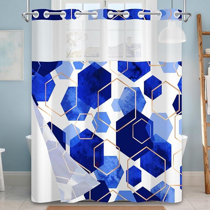 NAEMBCU No Hook Geometric Shower Curtain with Snap-in Liner, Blue and Gold Hexagons Bath Curtain with See Through Top, Waterproof Double Layer for Bathroom Decor, 71 x 74 Inch - ModernBath