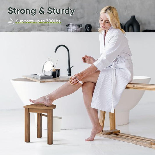 Smart Fendee Small Teak Shower Stool for Shaving Legs, Corner Shower Stools for Inside Shower, Bathroom Foot Rest with Storage Basket for Small Shower Spaces - ModernBath