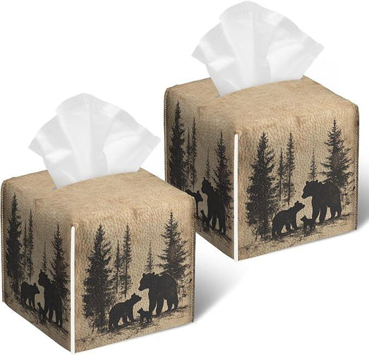 Bear Pine Tree Tissue Box Cover 2PCS, Leather Tissue Box Holder Square Facial Paper Case Tissue Box Cube Organizer for Bathroom Bedroom Desk Office - ModernBath