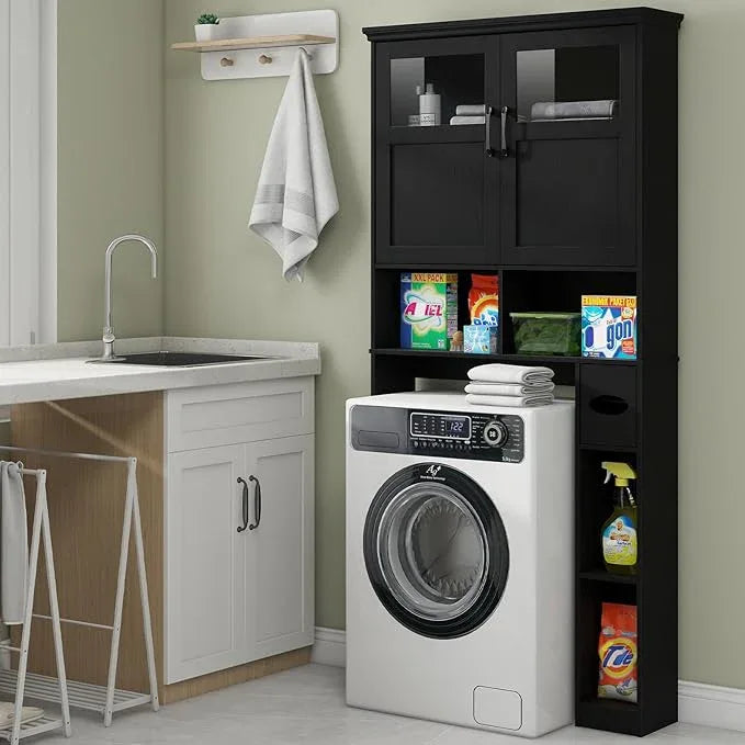 Vabches Over The Toilet Storage Cabinet, Storage Cabinet Over Toilet with Double Doors & Toilet Paper Holder Stand, Freestanding Toilet Shelf Space Saver with Anti-Tip Design & Adjustable Shelf, Black - ModernBath