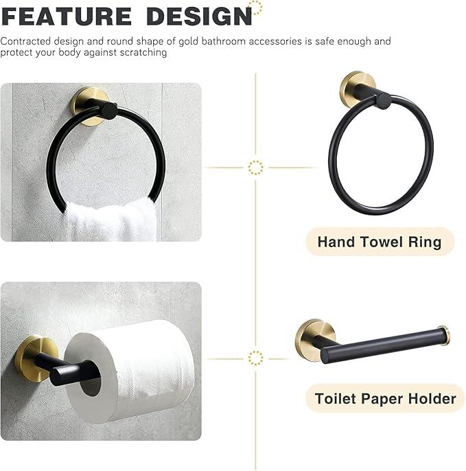 Bathroom Hardware Set 3 Piece Black&Gold Wall Mounted Stainless Steel Hardware Towel Bar Set Gold Bathroom Accessories Towel Rack Set Kit Includes 2 Hand Towel Ring, Toilet Paper Holder - ModernBath