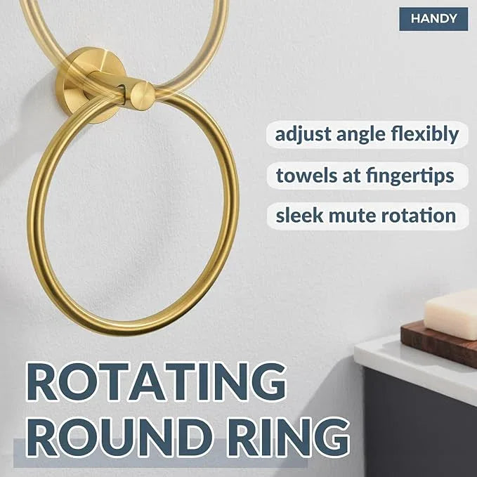 APLusee Brushed Gold Hand Towel Ring, 304 Stainless Steel Flexible Round Towel Holder for Bathroom Kitchen, Wall Mounted - ModernBath