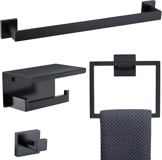 Bathroom Towel Bar Holder Sets Matte Black 4-Piece Bathroom Hardware Set Stainless Steel Bath Accessories Kit. Wall Mounted,23.6 Inch - ModernBath