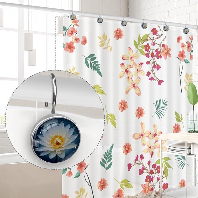 White Lotus Flower Floral Shower Curtain Hooks 12Pcs, Decorative Rust Resistant Shower Rings for Shower Curtain Rods, Stainless Steel Round Curtain Hooks for Bathroom, Bedroom, Farmhouse - ModernBath