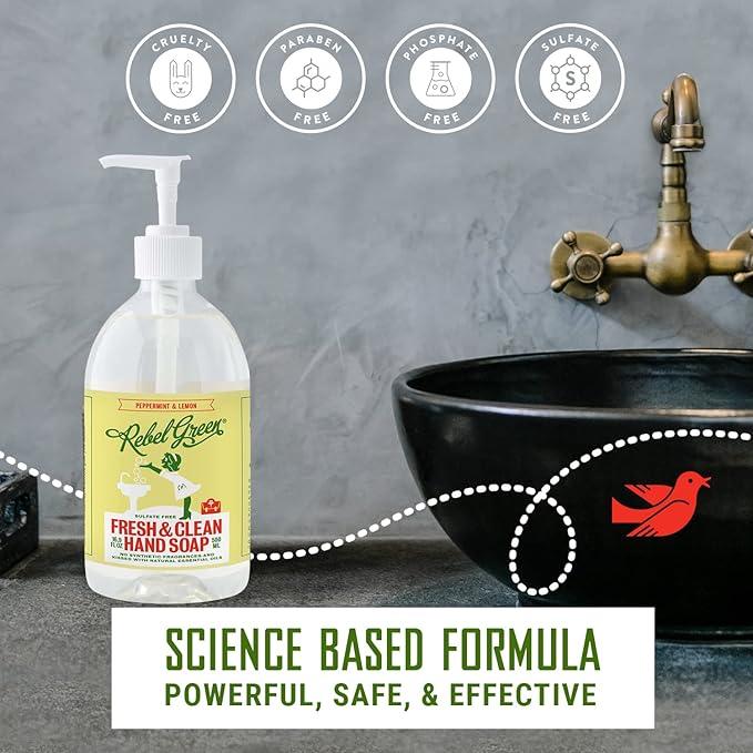 Rebel Green Liquid Hand Soap - Moisturizing Natural Bathroom & Kitchen Liquid Soap - Gentle Household Hand Wash (Peppermint and Lemon, 16.90 Fl Oz (Pack of 4)) - ModernBath