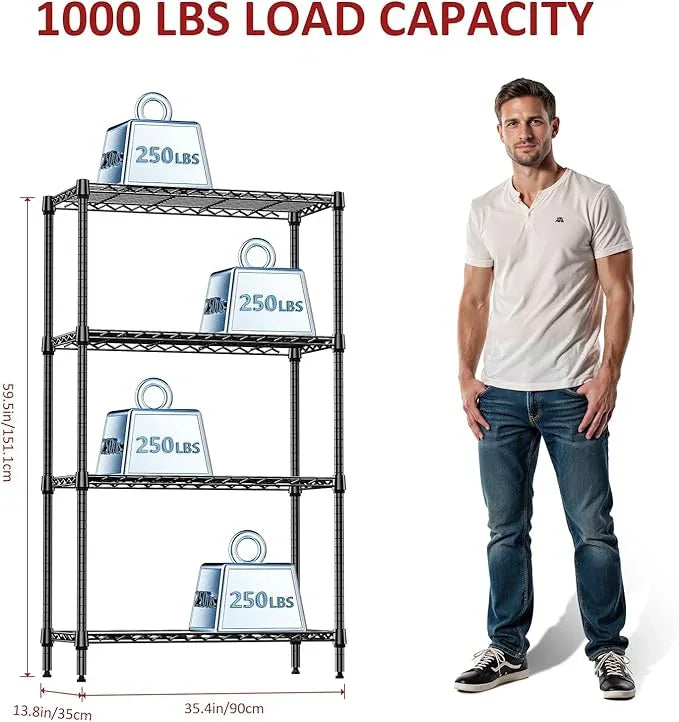 IZEUK 4 Tier Black Metal Storage Shelves, Heavy Duty Wire Shelving Rack for Garage, Kitchen, Bathroom, or Laundry Organization, 1000 lbs Capacity, 13.8" D x 35.4" W x 59.5" H - ModernBath
