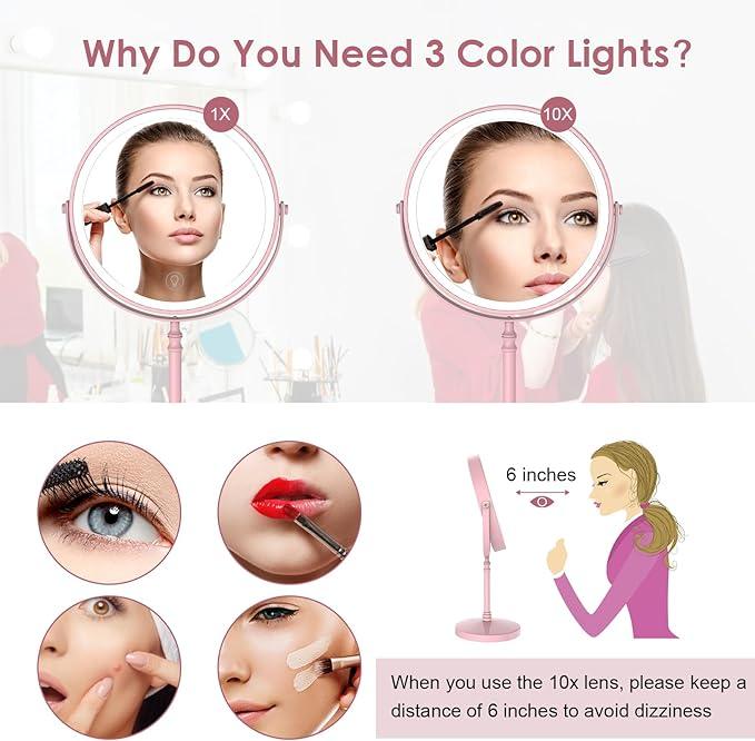 Lighted Makeup Mirror, 3000 mAh Rechargeable Double Sided Magnifying Vanity Mirror with 3 Colors, 1x/10x, 360° Rotation , Brightness Adjustable Magnification Cosmetic Light up Mirror, Women Gift - ModernBath