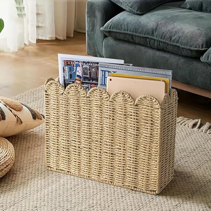 Handwoven Khaki Paper Rope Magazine Holder with Scalloped Edge –Toilet Paper Storage Basket Decorative Storage Basket for Magazines, Newspapers, Mail, Living Room, Bathroom & Office - ModernBath
