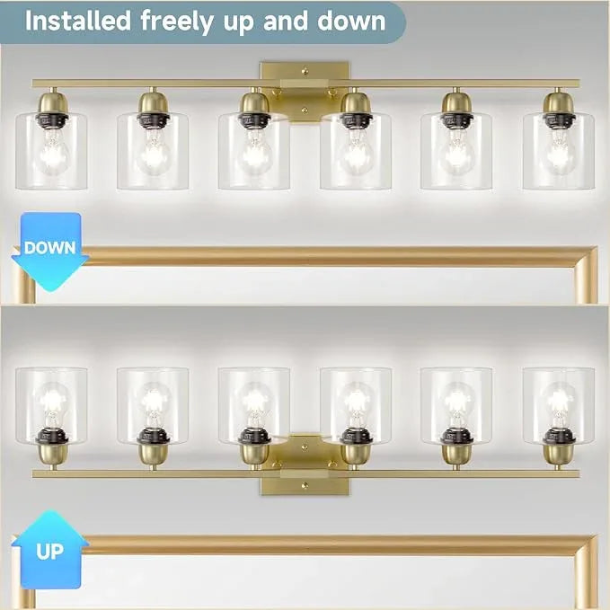 FAISHILAN Modern Brushed Gold 6 Light Bathroom Light Fixtures,38 inch Vanity Lights for Bathroom with Clear Glass, Vanity Light for Mirror Kitchen Living Room Hallway Cabinet Porch - ModernBath