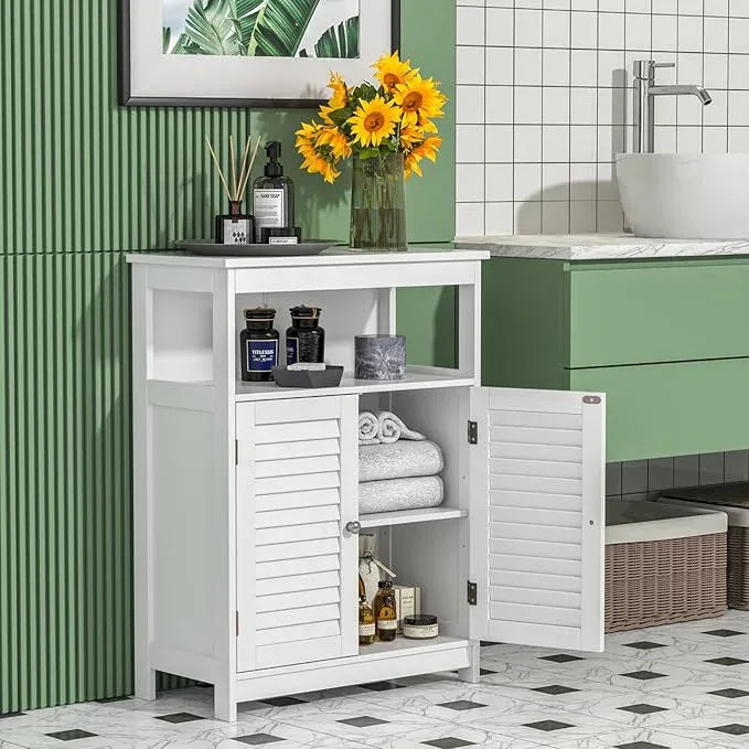 GLACER Bathroom Floor Cabinet, Wooden Storage Cabinet with Double Shutter Doors & 3-Position Adjustable Shelf, Side Storage Organizer, 23.5 x 12 x 31.5 inches (White) - ModernBath