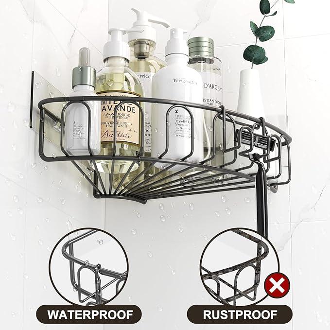 Orimade Corner Shower Caddy with 2 Hooks Wall Mounted Metal Bathroom Shelf Storage Organizer Adhesive No Drilling 2 Pack, Grey Only for 90-Degree Corner - ModernBath