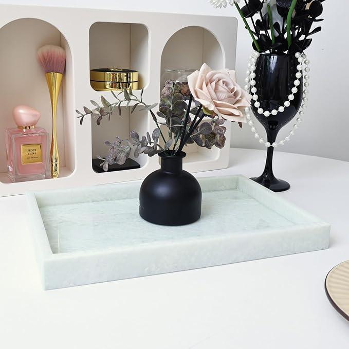 Yew & Tulip Natural Marble Vanity Tray, Luxury Stone with Light Green Textures Serving Tray for Bathroom, Kitchen, Vanity, Home Decor, Wedding etc. (12" x 8" x 1.2") - ModernBath