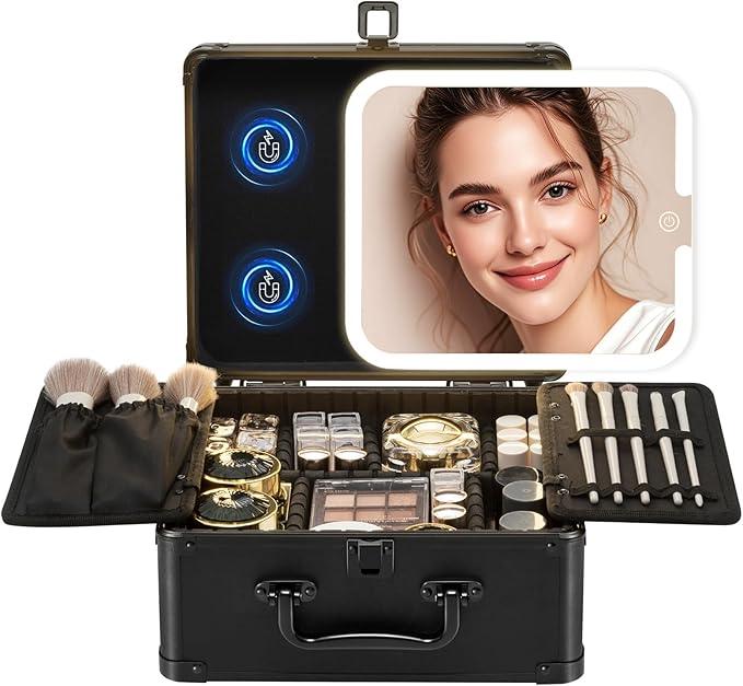 Yooaye Makeup Box with Detachable Lighted Mirror–Travel Train Case, Cosmetic Storage Organizer & Makeup Suitcase with Adjustable Dividers & Magnetic LED Mirror (Black) - ModernBath