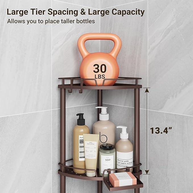 ELYKEN Corner Shower Caddy Standing, 3 Tier Rustproof Metal Shower Organizer with Soap Holder, Floor Shower Corner Shelf Rack Storage Stands with Adjustable Feet & 2 Hooks for Bathroom, Bronze - ModernBath
