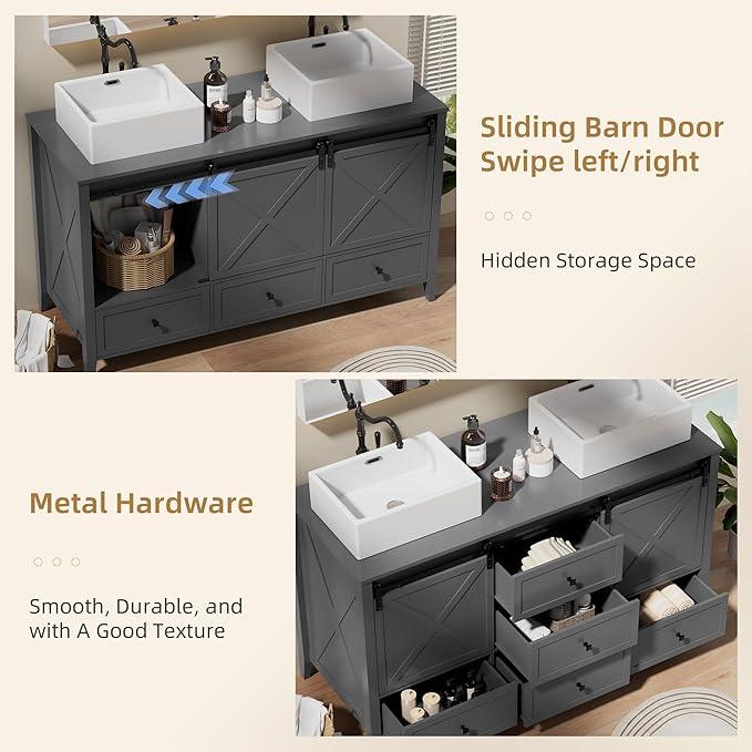 VNN Bathroom Vanity with Sink - 60 Inch Bathroom Vanity Double Sink Ceramic, Freestanding Cabinet with 2 Farmhouse Sliding Barn Doors and 5 Drawers, Space-Saving Storage Cabinet, Grey - ModernBath