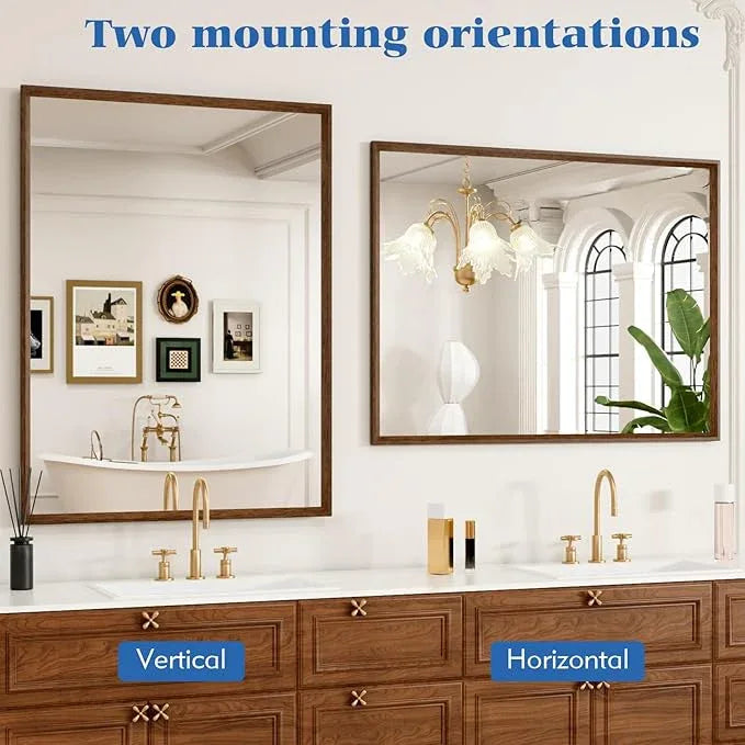 JISOSO 28x36 Inch Rectangle Walnut Bathroom Mirror, Anti-Rust 4MM Tempered Glass, Modern Vanity Mirror for Bathroom, Horizontal or Vertical Wall Mount - ModernBath