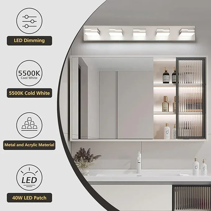 Merexcint LED Modern Bathroom Vanity Light Fixtures 5-Light, 32 inch Dimmable Nickel Vanity Lights for Bathroom Lighting Fixtures Over Mirror, with 350°Rotatable Acrylic Heads(White Light 5500K) - ModernBath