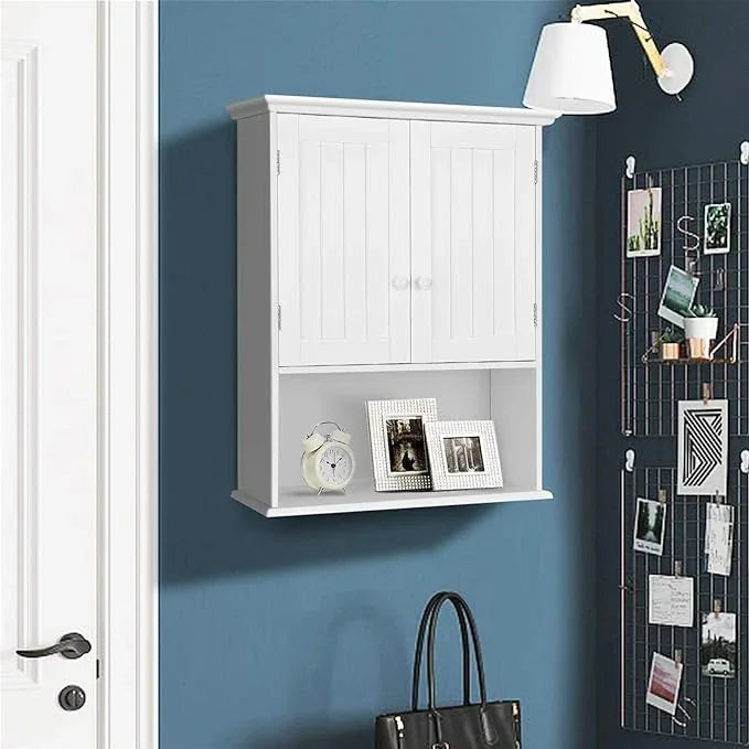 Tangkula Wall Mount Bathroom Cabinet Wooden Medicine Cabinet Storage Organizer with 2-Doors and 1-Shelf Cottage Collection Wall Cabinet (White) - ModernBath