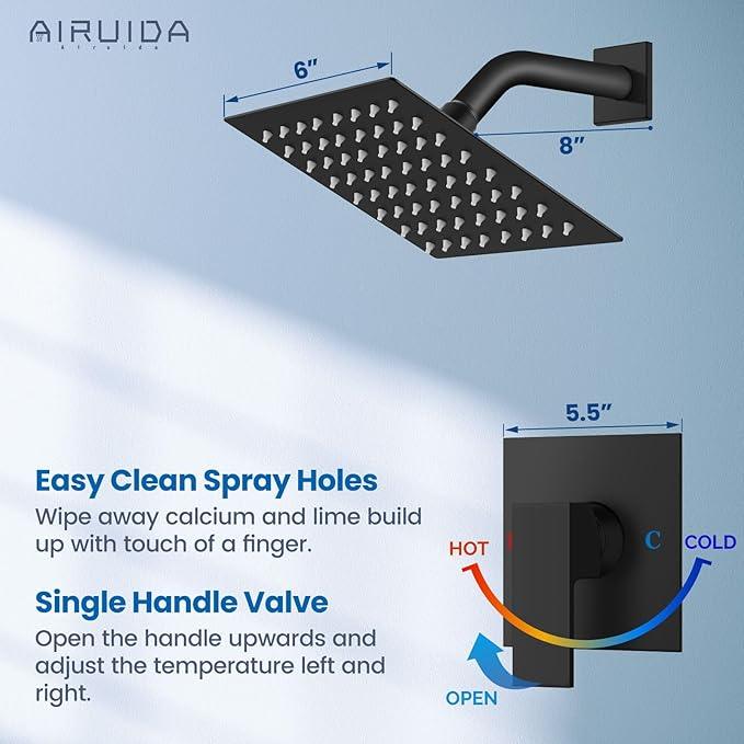 Airuida Shower Faucet Set Bathroom Rain Shower System SUS304 Stainless Steel Single Handle With Male Threads Rough-in Valve Shower Trim Kit 6 Inch Wall Mount Shower Head Matte Black - ModernBath