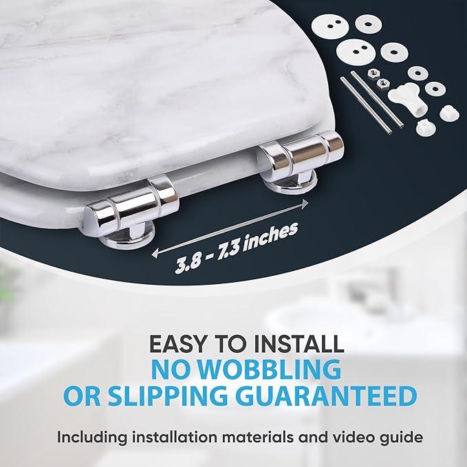 SANILO Wooden Toilet Seat with Soft Close [ELONGATED] - Decorative, Quiet & Slow Close Molded Wood Seat - With Strong Bumpers & Hinges - Adjustable Fit - Marble - ModernBath