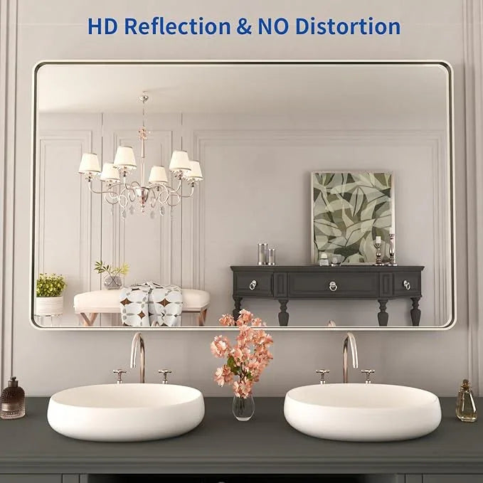 WEER 48X30 Inch Brushed Nickel Bathroom Mirror, Brushed Silver Metal Frame Mirror, Rounded Rectangle Silver Bathroom Vanity Mirror, Tempered Glass, Anti-Rust, Hangs Horizontally or Vertically - ModernBath