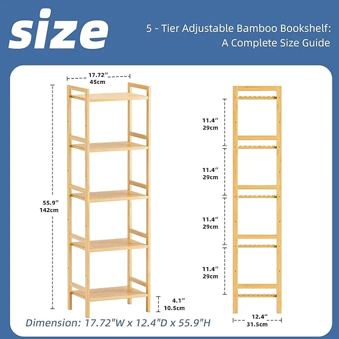 HITNET Tall Narrow Bookshelf, 5 Tier Bathroom Shelf Bamboo, Floor Standing Display Storage Organizer for Small Space, Adjustable Shelves, Natural Wood Bookcase - ModernBath
