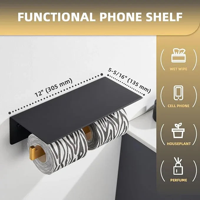 Angle Simple Double Toilet Paper Holder with Shelf, 304 Stainless Steel Bathroom Toilet Tissue Roll Holder for Wall Black and Gold - ModernBath
