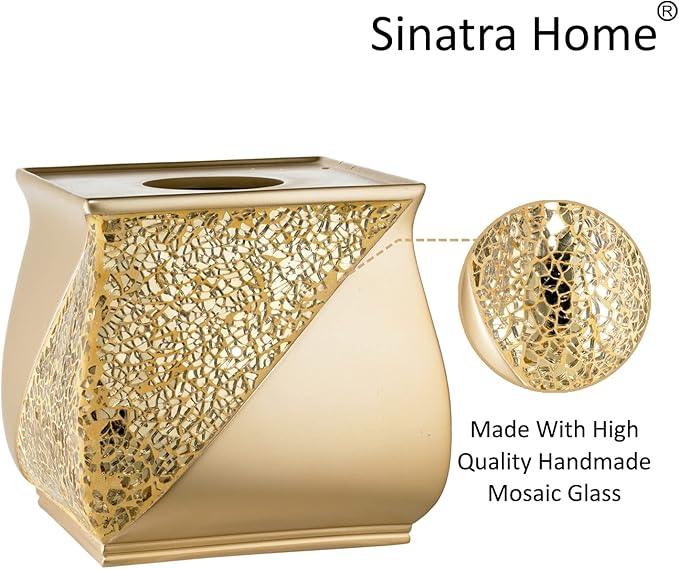 Zahari Home 2pc Sinatra Modern Bath Accessories Set Waste Basket & Tissue Box Champagne Gold Modern Decorative Beautiful Designs Bathroom Decor Set for Home Luxury Bath Set Mosaic Glass - ModernBath