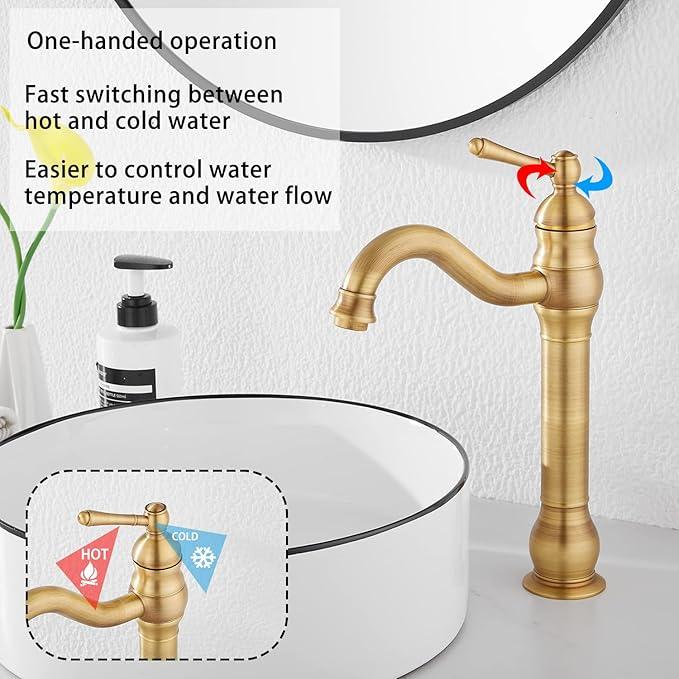 GGStudy 360° Swivel Antique Brass Bathroom Vessel Sink Faucet Single Handle One Hole Matching with Pop Up Drain - ModernBath