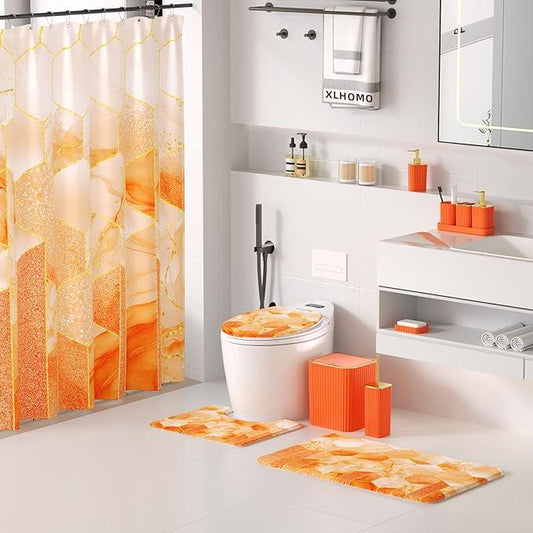 XLHOMO Bathroom Set - 26PC Bathroom Set with Shower Curtain and Rugs, Bathroom Accessory Set, Orange Bathroom Accessories Set, Trash Can & Soap Dispenser - ModernBath