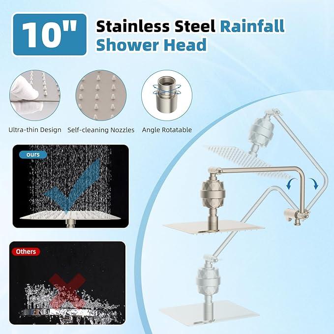 Filtered Shower Head, 10" High Pressure 10-Spray Handheld/Rainfall Shower Head Combo with 20 Stage Shower Filter, 11" Shower Extension Arm, 71" Hose, Shower Head Holder, Brushed Nickel - ModernBath