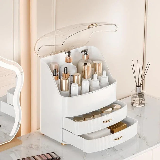 Plukers Makeup Organizer Countertop Vanity with Transparent Lid Drawers Waterproof Dustproof Cosmetic Skincare Bathroom Storage Gift for Women Teens Girls (Whtie) - ModernBath