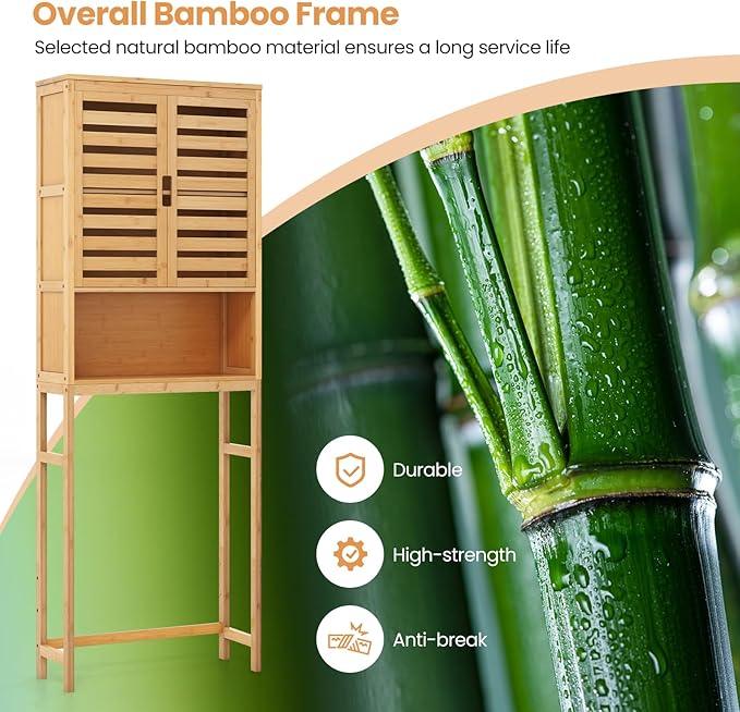 Giantex Over The Toilet Storage Cabinet, 3-Tier Bamboo Bathroom Space Saver with 2 Louver Doors, Open Shelf, Adjustable Bottom Bar, Over Toilet Bathroom Organizer for Laundry, Balcony, Restroom - ModernBath