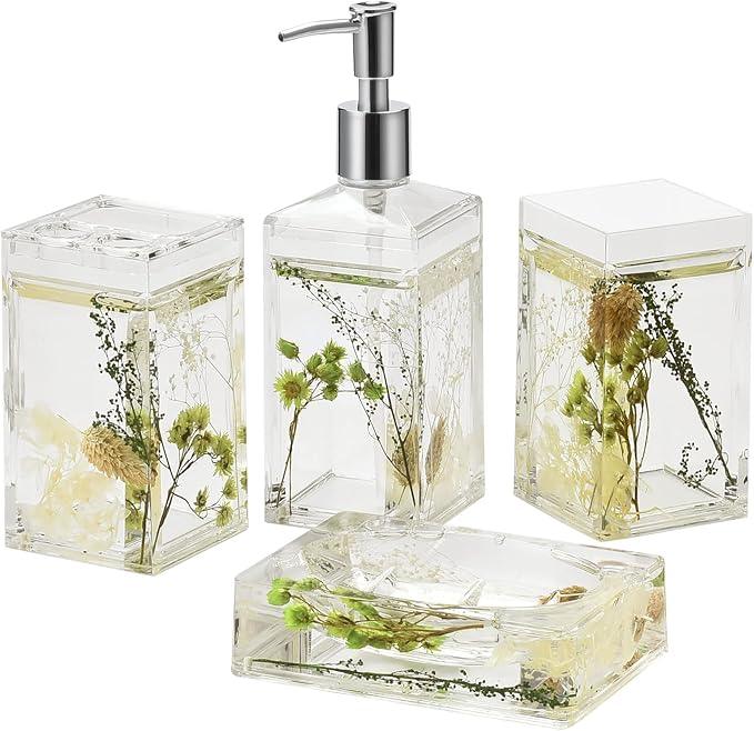 Locco Decor 4 Piece Acrylic Liquid 4D Floating Motion Bathroom Vanity Accessory Set Garden Botanic Green Plants Toothbrush Holder, Tumbler, Soap Dispenser, Soap Dish - ModernBath