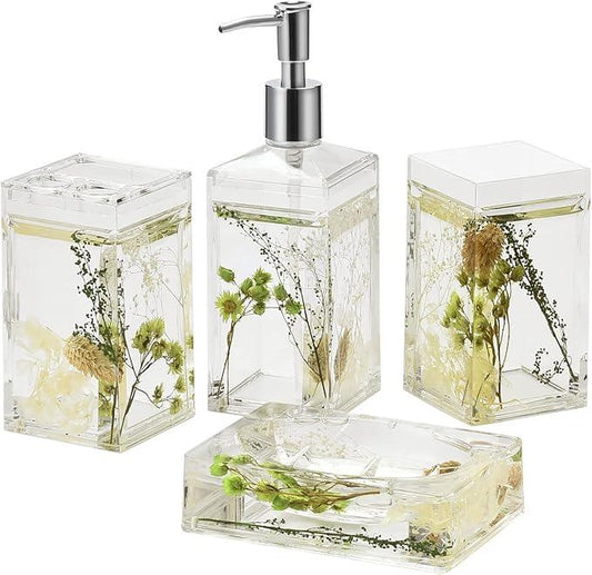 Locco Decor 4 Piece Acrylic Liquid 4D Floating Motion Bathroom Vanity Accessory Set Garden Botanic Green Plants Toothbrush Holder, Tumbler, Soap Dispenser, Soap Dish - ModernBath