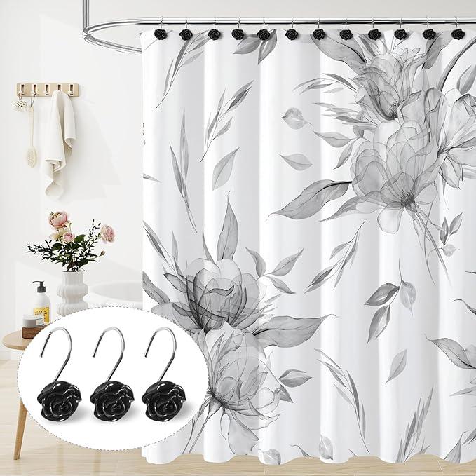 Litabel Rose Flower Shower Curtain Hooks 12PCS,Home Decorative Black Rose Shower Curtain Hooks Metal Rustproof Cute Rose Flower Shower Hooks Rings Bathroom Shower Rods Curtains - ModernBath