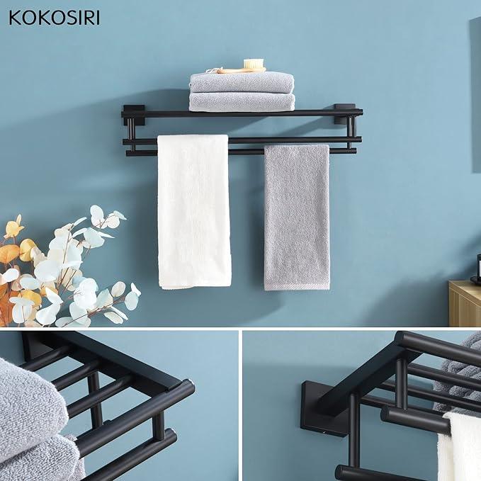 KOKOSIRI Bath Towel Rack with Double Towel Bars Bathroom Towel Shelf 24 Inch Towel Holder Wall Mounted Stainless Steel, Matte Black, B6005BK-L24 - ModernBath