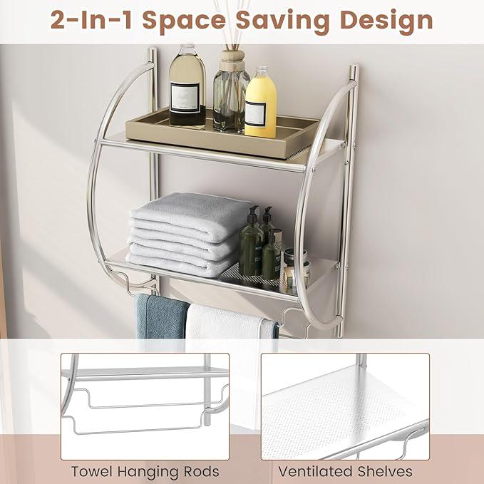 GOFLAME Wall Mounted Bathroom Shelf Set of 2, 2-Tier Chrome Towel Rack with Leaky Design Shelves, Towel Bars, Chrome Bathroom Shelf for Living Room Kitchen Bathroom, Silver - ModernBath
