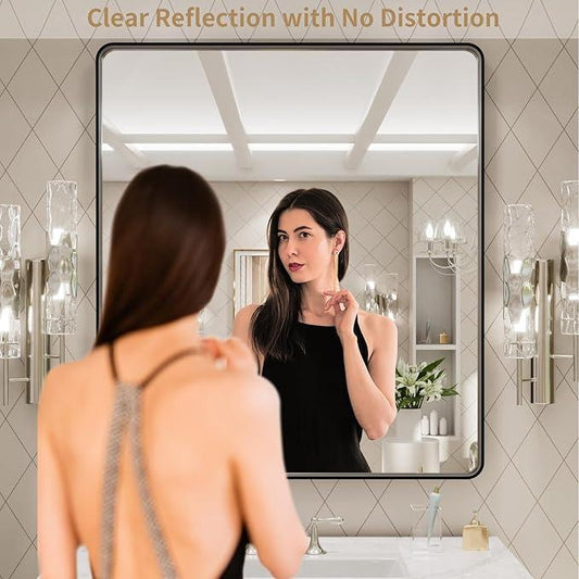 LOAAO 32x36 Inch Black Metal Framed Bathroom Mirror for Wall, Matte Black Bathroom Vanity Mirror Farmhouse, Large Rounded Rectangle Mirror, Anti-Rust, Tempered Glass, Hangs Horizontally or Vertically - ModernBath