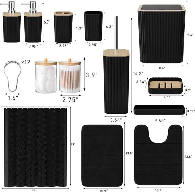 XLHOMO Bathroom Set - 25PC Black Bathroom Set with Shower Curtain and Rugs, Bathroom Accessories Set, Black Shower Curtain Set with Bathroom Trash Can - ModernBath