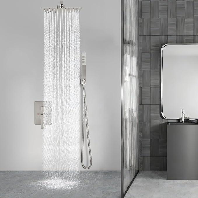 Aolemi Shower Faucet Set Rain Shower System with Handheld Spray Bathroom Shower Combo Rough-in Valve and Shower Trim Kit Included Brushed Nickel 16 Inch Wall Mount Shower Head - ModernBath