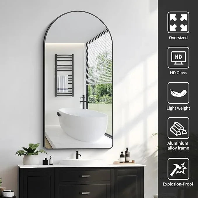 FORBATH Arched Mirror 24x48 Inch, Black Arched Mirror Wall Mounted Modern Black Aluminum Frame Decor Large for Dresser Bedroom Living Room Entryway, Hanging or Leaning Against Wall - ModernBath