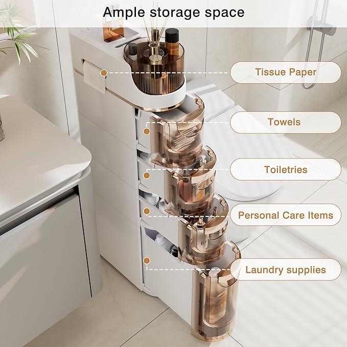 VECELO 4-Tier Slim Bathroom Storage Cabinet with Wheels, Skinny Bathroom Storage Cabinet with Drawers, Toilet Paper Holder, Movable Narrow Floor Cabinet for Small Space, Bathroom - ModernBath