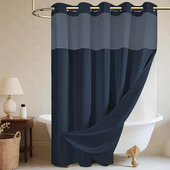 WONICY Extra Long No Hook Shower Curtain with Snap in Liner, Polyester Textured Shower Curtain with Liner Set, Waterproof Washable Hotel Style Shower Curtains for Bathroom, 71Wx86H, Navy - ModernBath