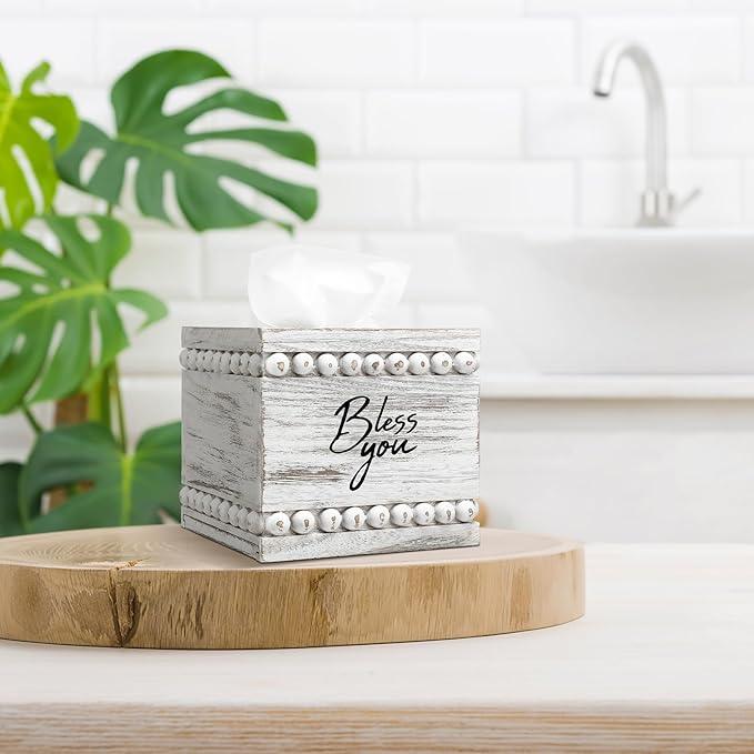 Yiyiring Bless You Beaded Square Tissue Box Cover, Rustic Farmhouse Vintage Wooden Tissue Holder White Box Distressed Napkin Holder for Table Bathroom Decor - ModernBath