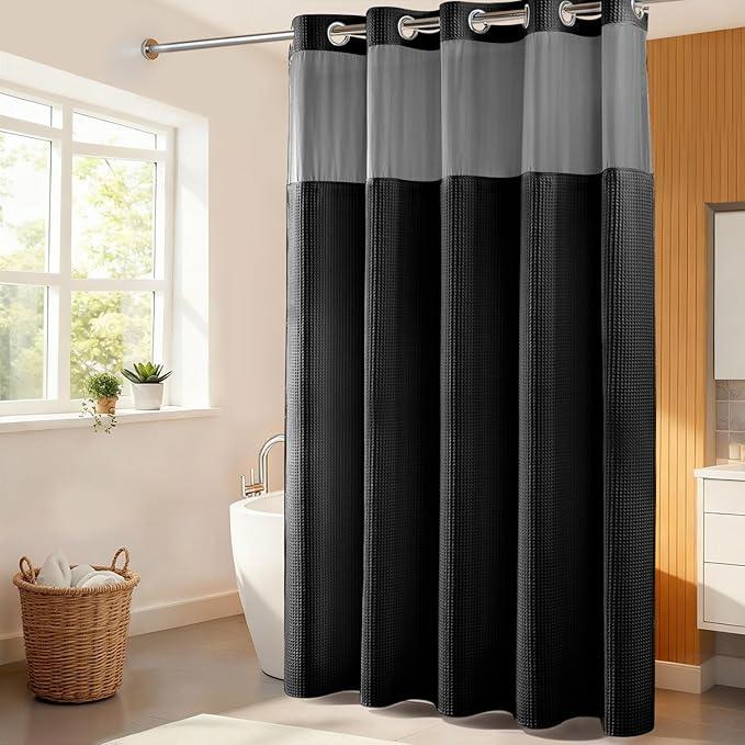 River Dream Black Fabric Shower Curtain Set, Cotton Blend, Waffle Weave, with Snap in Replacement Liner，71 x 86 inches - ModernBath