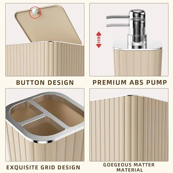 XLHOMO Bathroom Accessories Set - 25PC Bathroom Sets with Shower Curtain and Rugs, Beige Bathroom Set with Trash Can, Soap Dispenser, Soap Dish & Toilet Brush - ModernBath