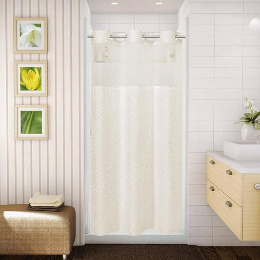 eachope stall no Hook Tufted Shower Curtain with snap in Liner Set, White Waterproof Fabric Inner Liner,Boho Style Shower Curtain with See Through top Window, Cream, 36Wx74H - ModernBath