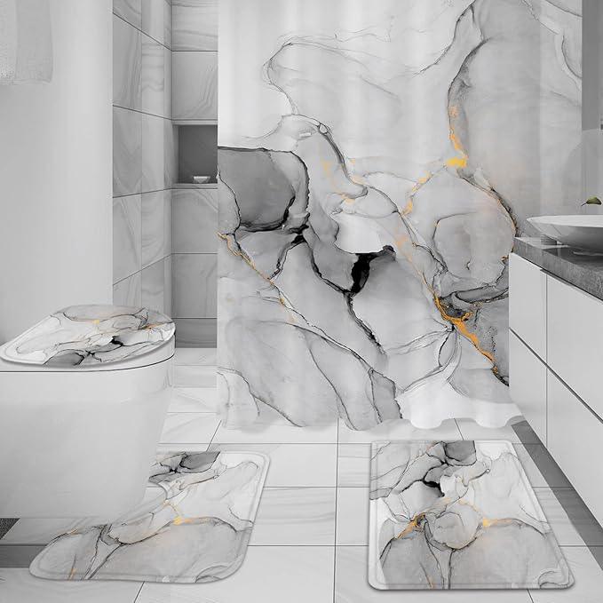 Gibelle 4 Pcs Bathroom Shower Curtain Set with Non-Slip Rugs, Toilet Lid Cover and Bath Mat, Grey Marble Bathroom Decor Set with Shower Curtain and Rugs and Accessories - ModernBath